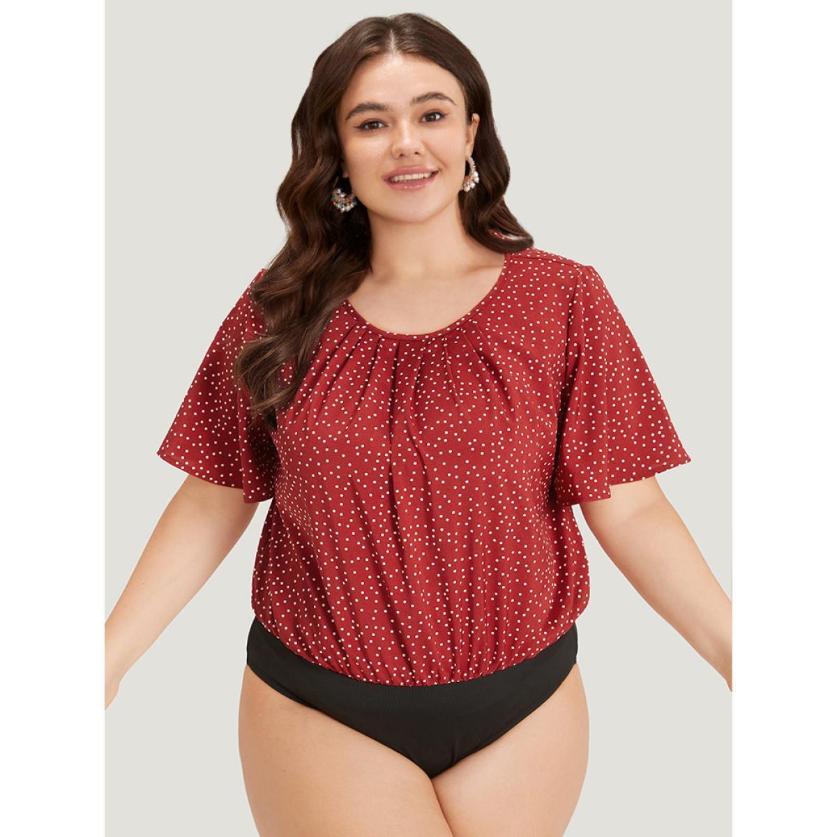 Plus Size Polka Dot Elastic Waist Plicated Detail Ruffle Sleeve Bodysuit Women Red Polka Dot Pleated Bodysuits BloomChic 22-24/3X Product Image