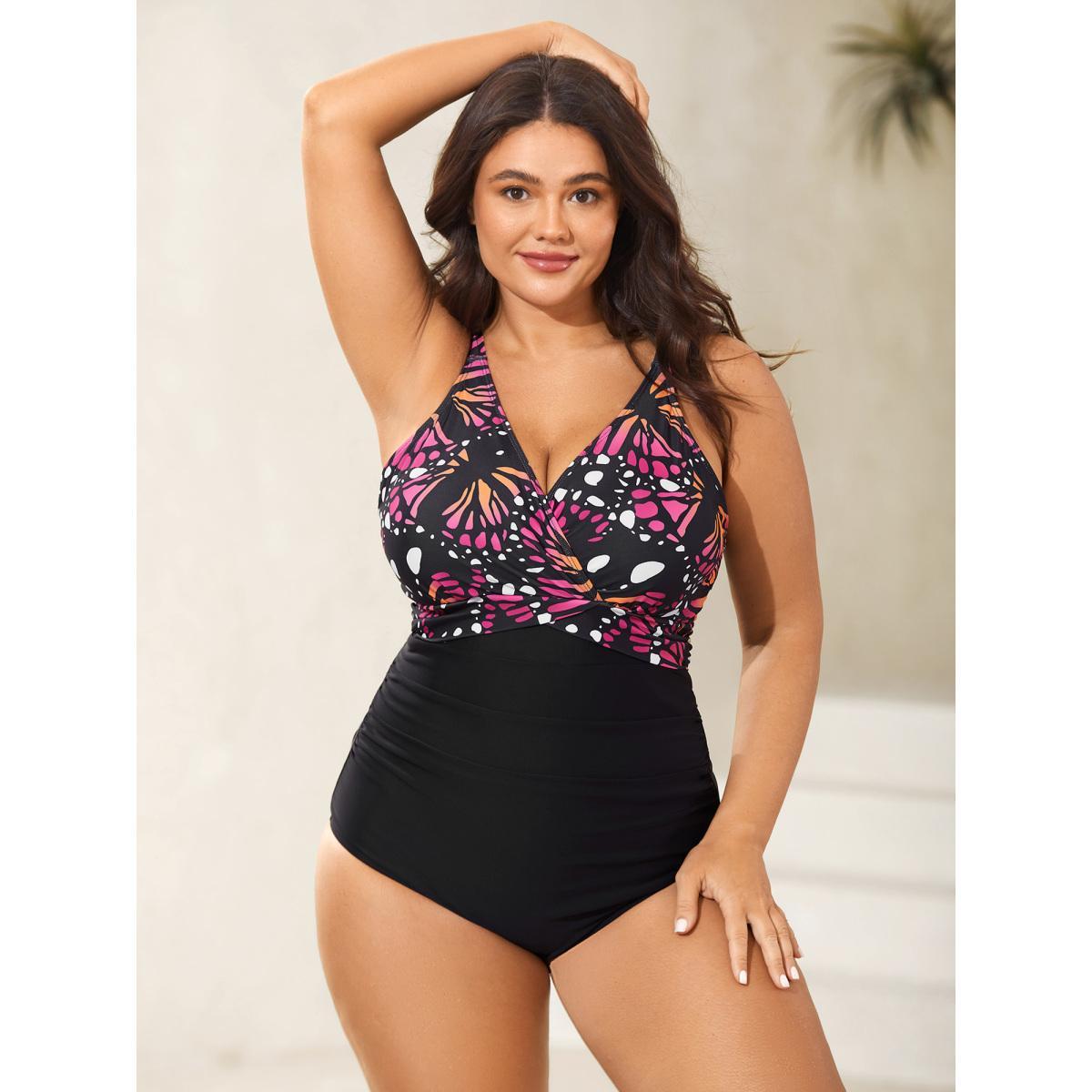 Plus Size Two-Piece Butterfly Pattern Sarong Swimsuit Women's Swimwear Multicolor Beach Curve Bathing Suits High stretch One Pieces BloomChic 30/6X Product Image