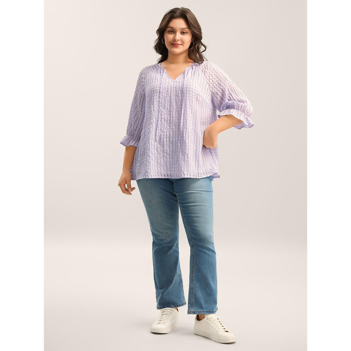 Plus Size Lavender Grid Textured Keyhole Tie Blouse Women Long Sleeve Round Neck Everyday-Casual Blouses BloomChic 28/5X Product Image