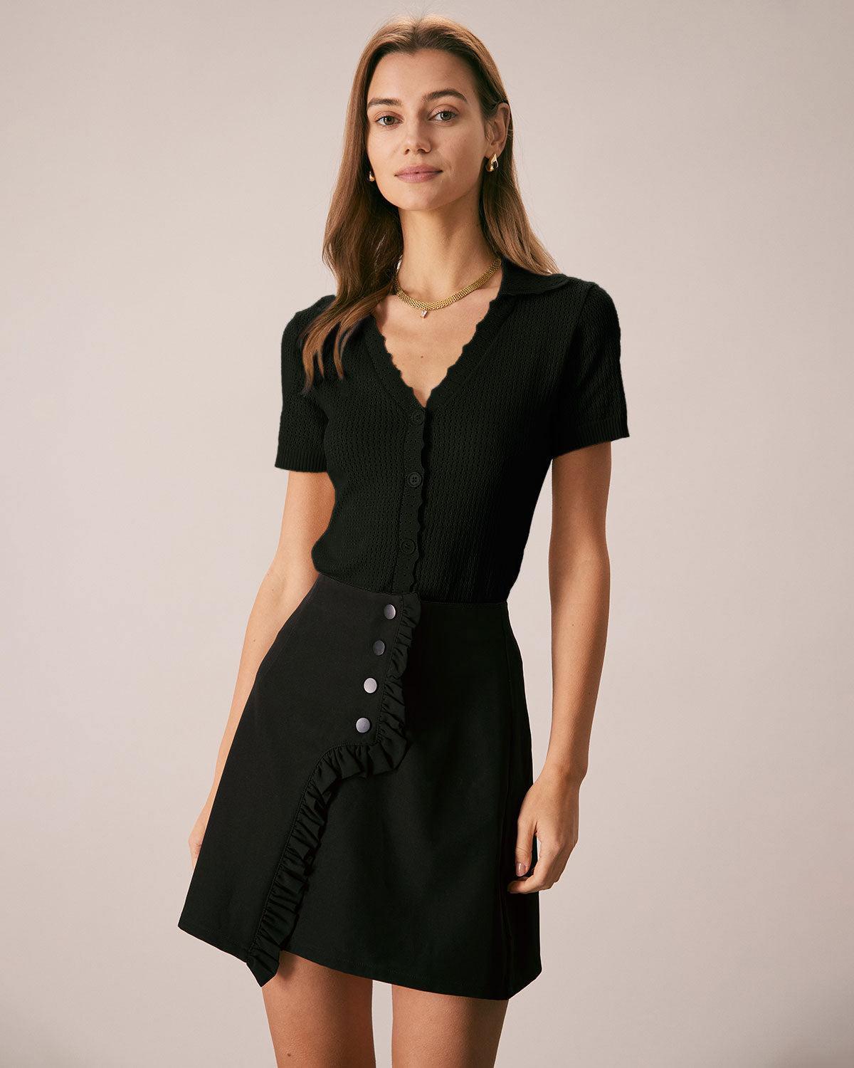 Black V Neck Button Pointelle Knit Tee Product Image