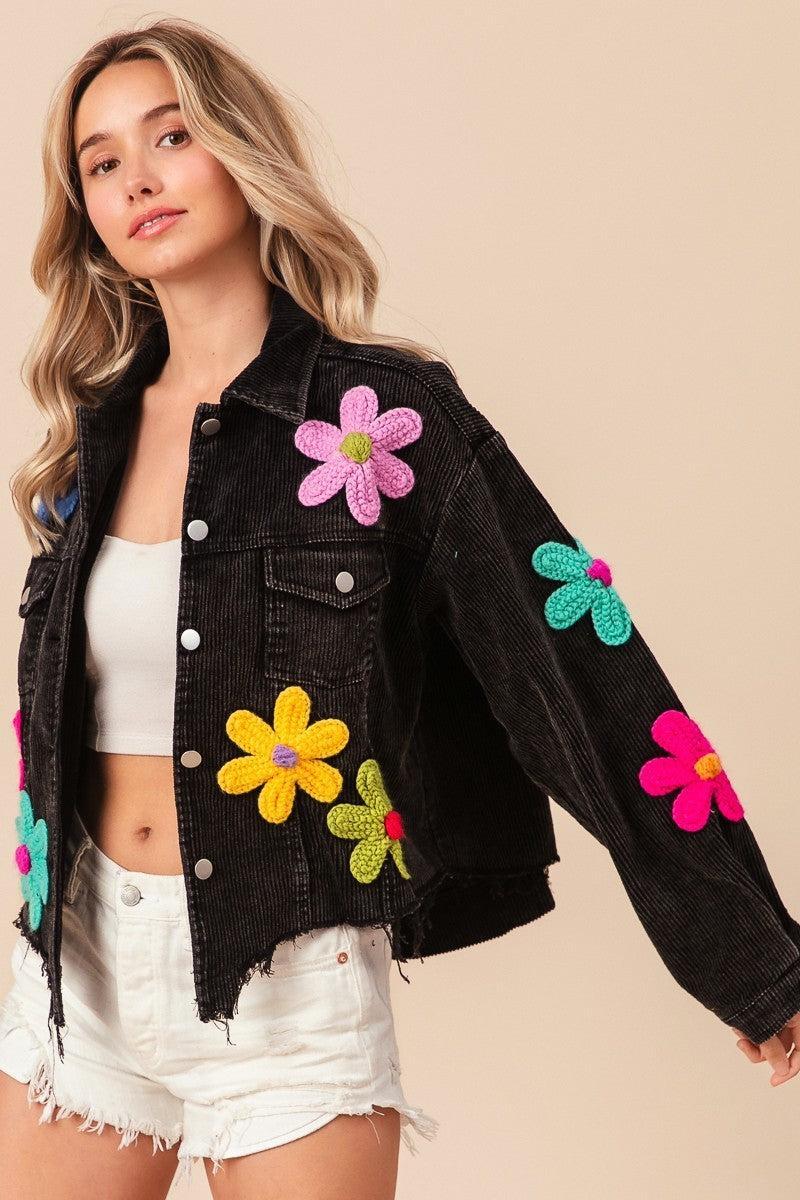 Flower Crochet Patches Vintage Corduroy Jacket Product Image