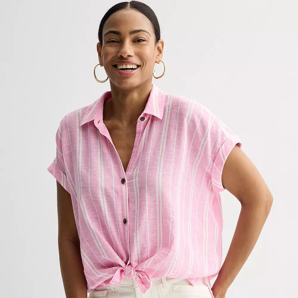 Petite Sonoma Goods For Life® Camp Shirt, Women's, Size: Large Petite, Pink White Stripe Product Image