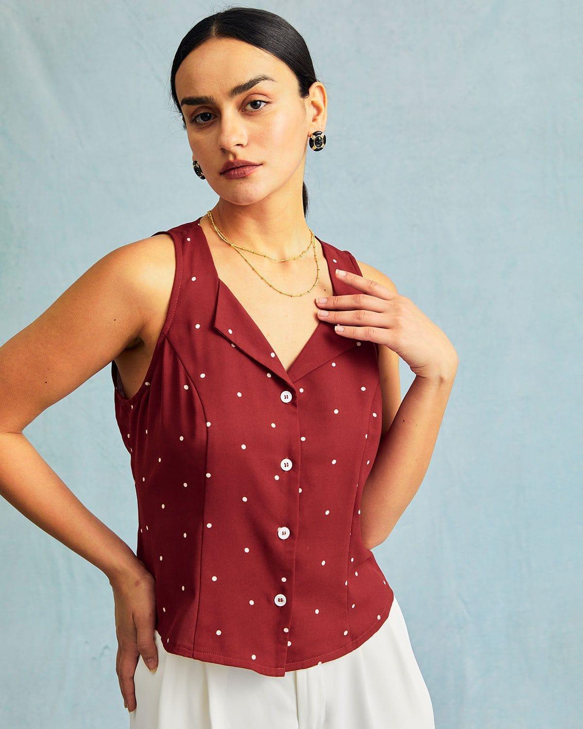 The Red V Neck Polka Dot Print Sleeveless Vest Product Image