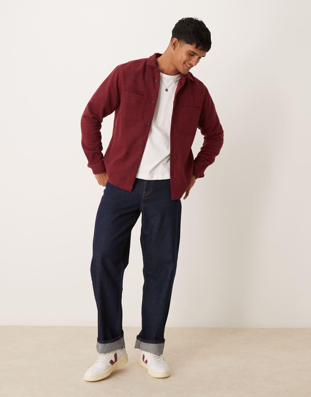 ASOS DESIGN brushed overshirt in burgundy Product Image