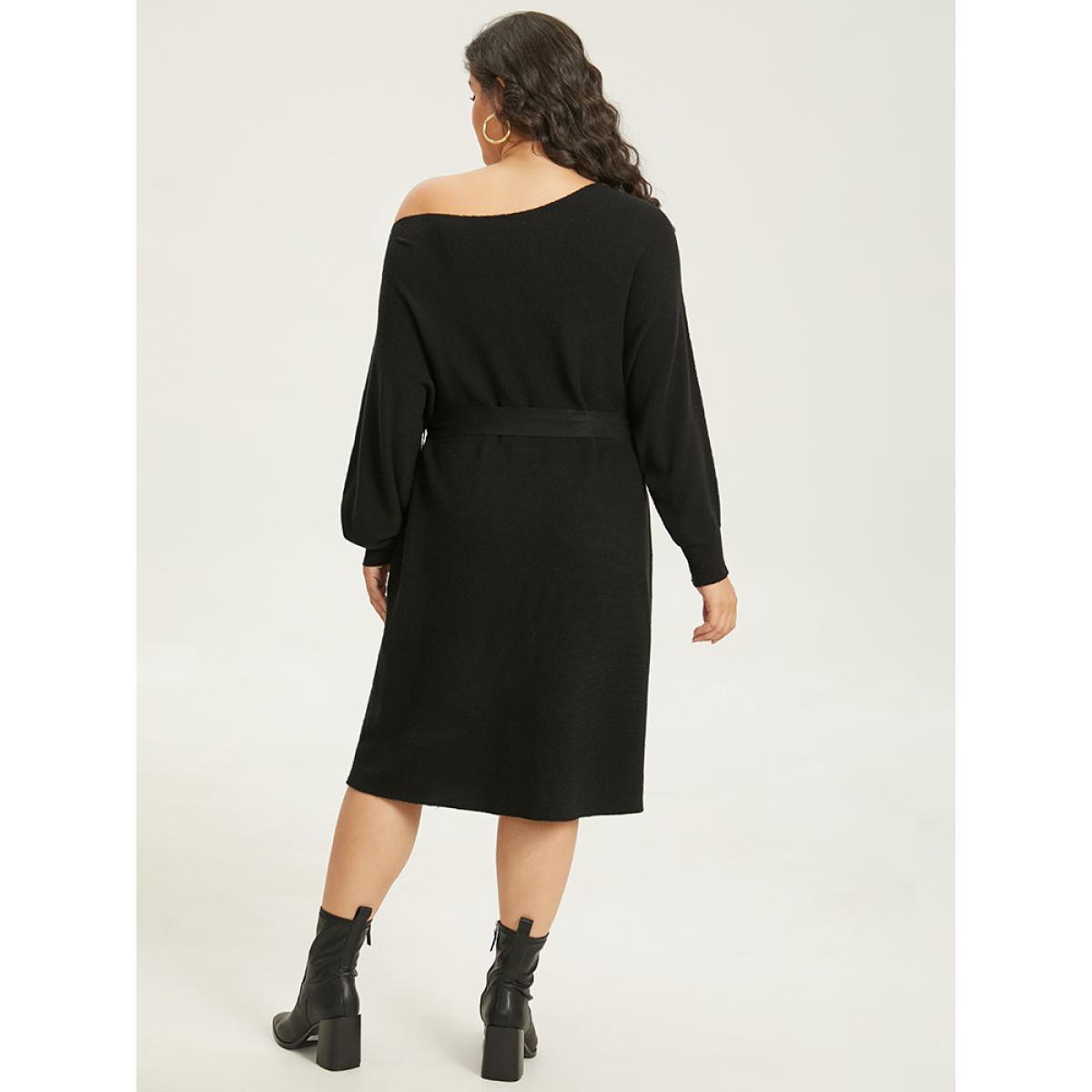 Plus Size Supersoft Essentials Boat Neck Belted Sweater Dress Black Women Casual Long Sleeve Everyday Sweater Dresses BloomChic 12/L Product Image