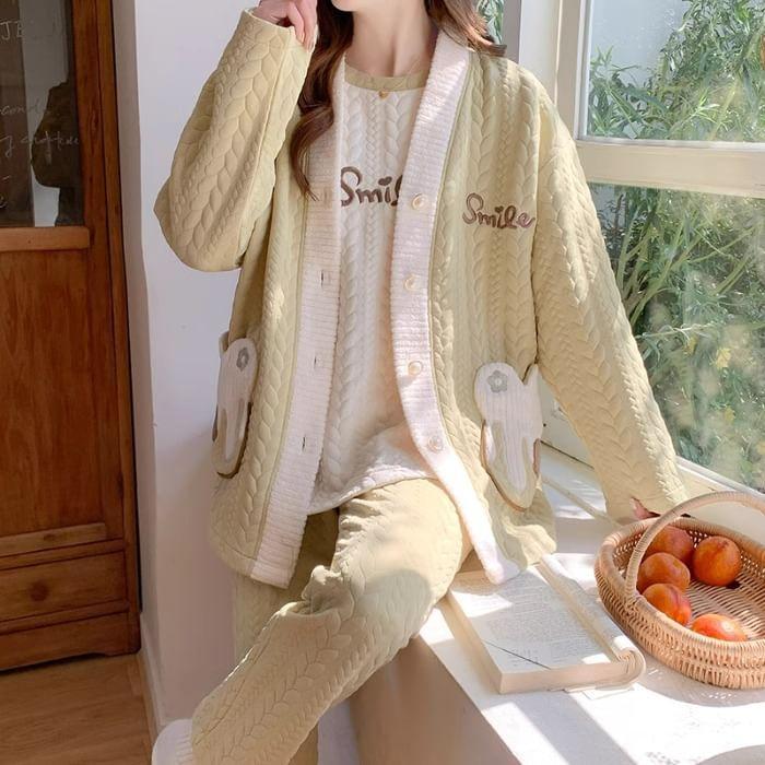 Pajama Set: Long-Sleeve Crew Neck Lettering Embroidered Top + Pants + V-Neck Button-Up Jacket Product Image