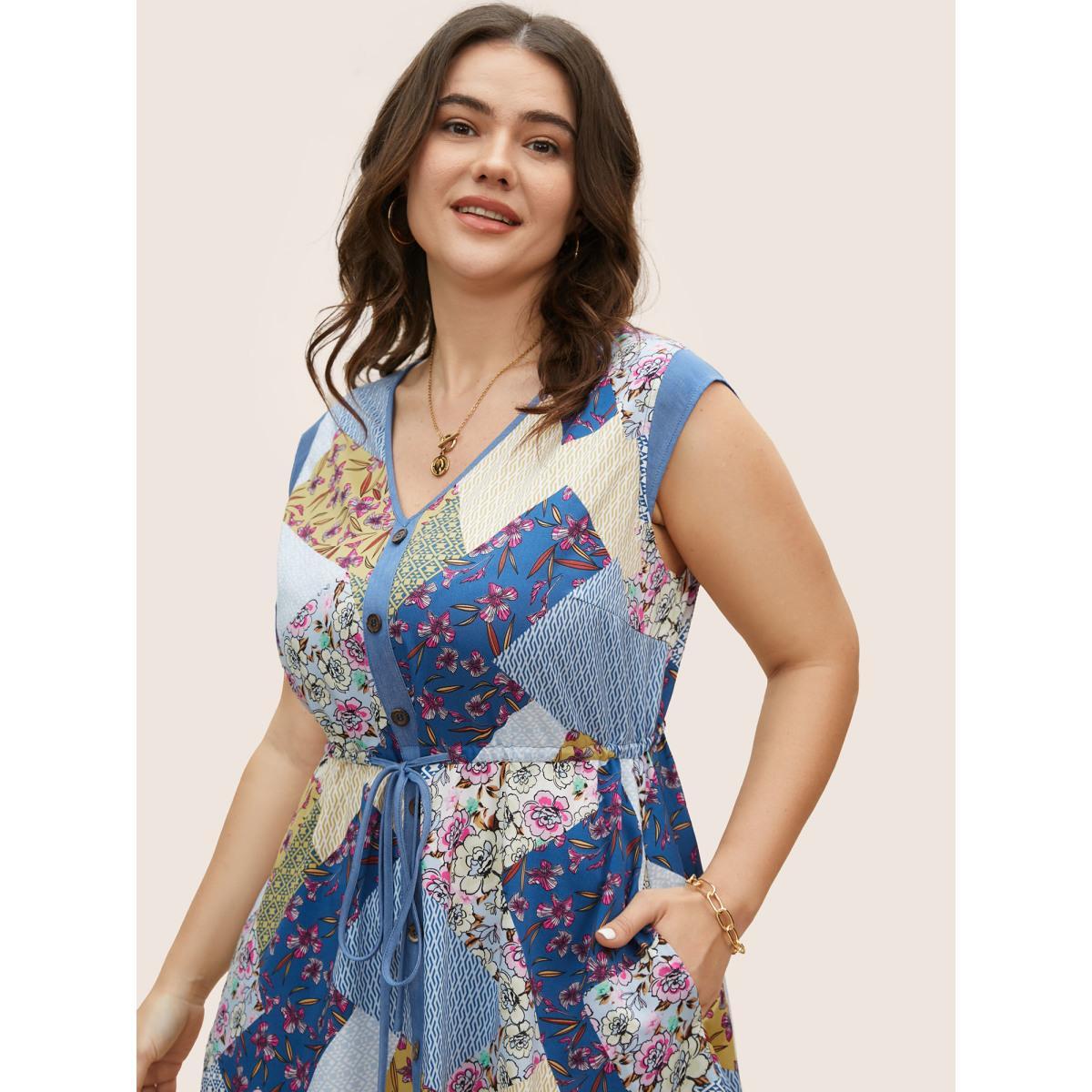 Plus Size Patchwork Floral Drawstring Button Detail Dress Cerulean Women Casual Drawstring V-neck Sleeveless Curvy BloomChic 10/M Product Image