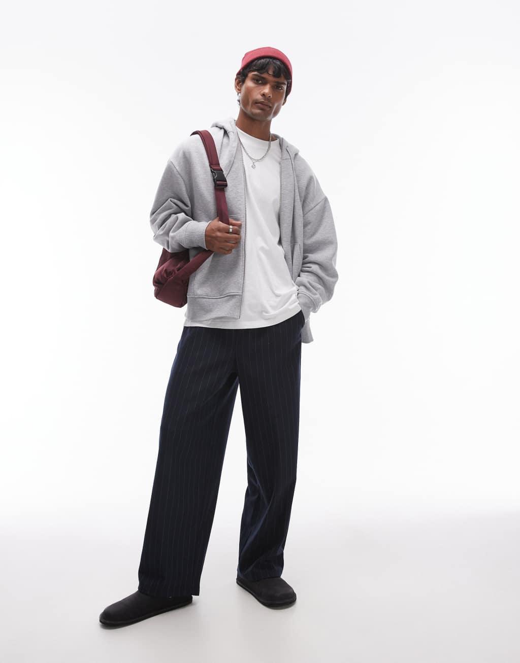 Topman oversized fit full zip hoodie in gray Product Image
