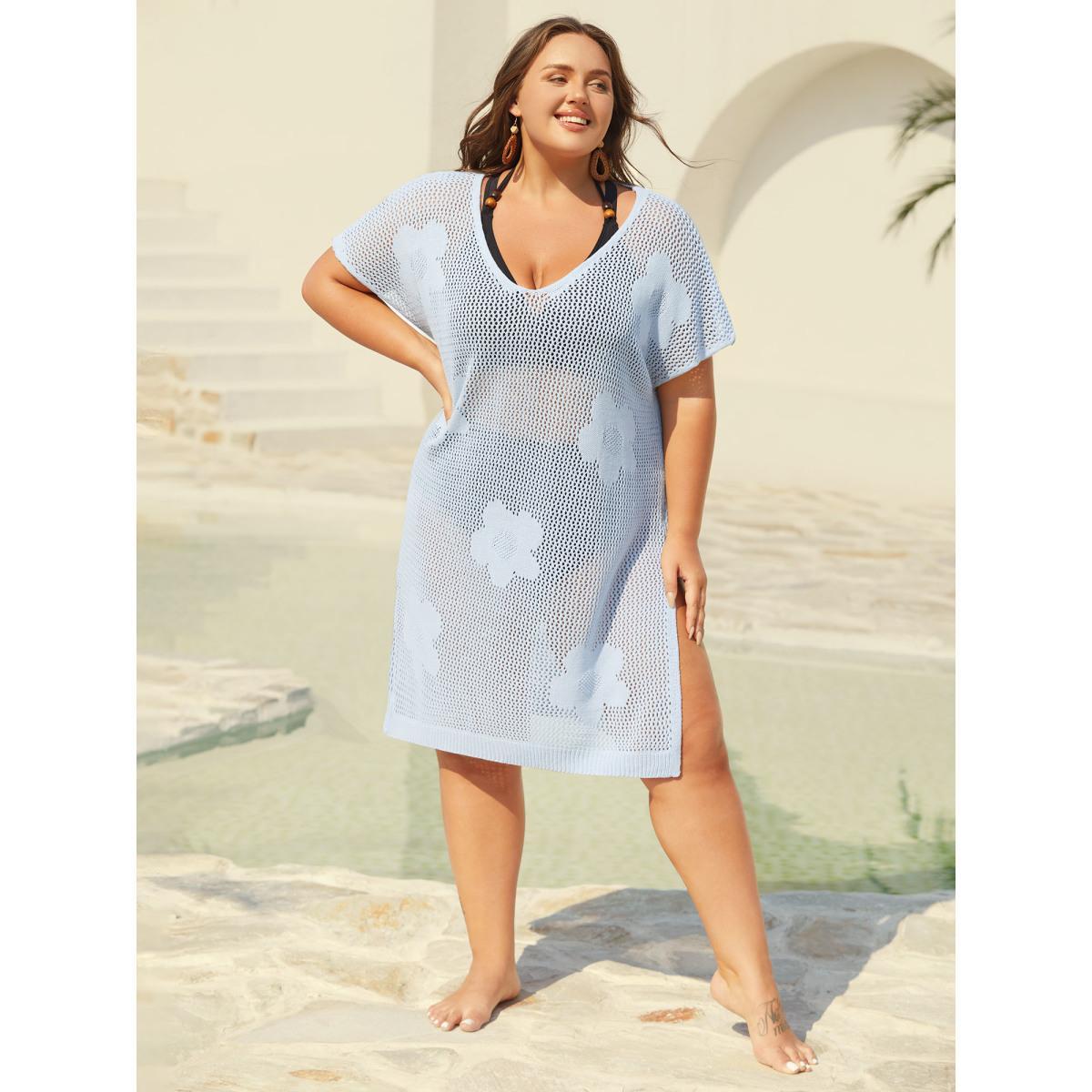 Plus Size Floral Pattern Jacquard Slit Swim Cover-Up Women's Swimwear LightBlue Beach Loose Cut-Out Curve Swim Cover Ups BloomChic 12/L Product Image