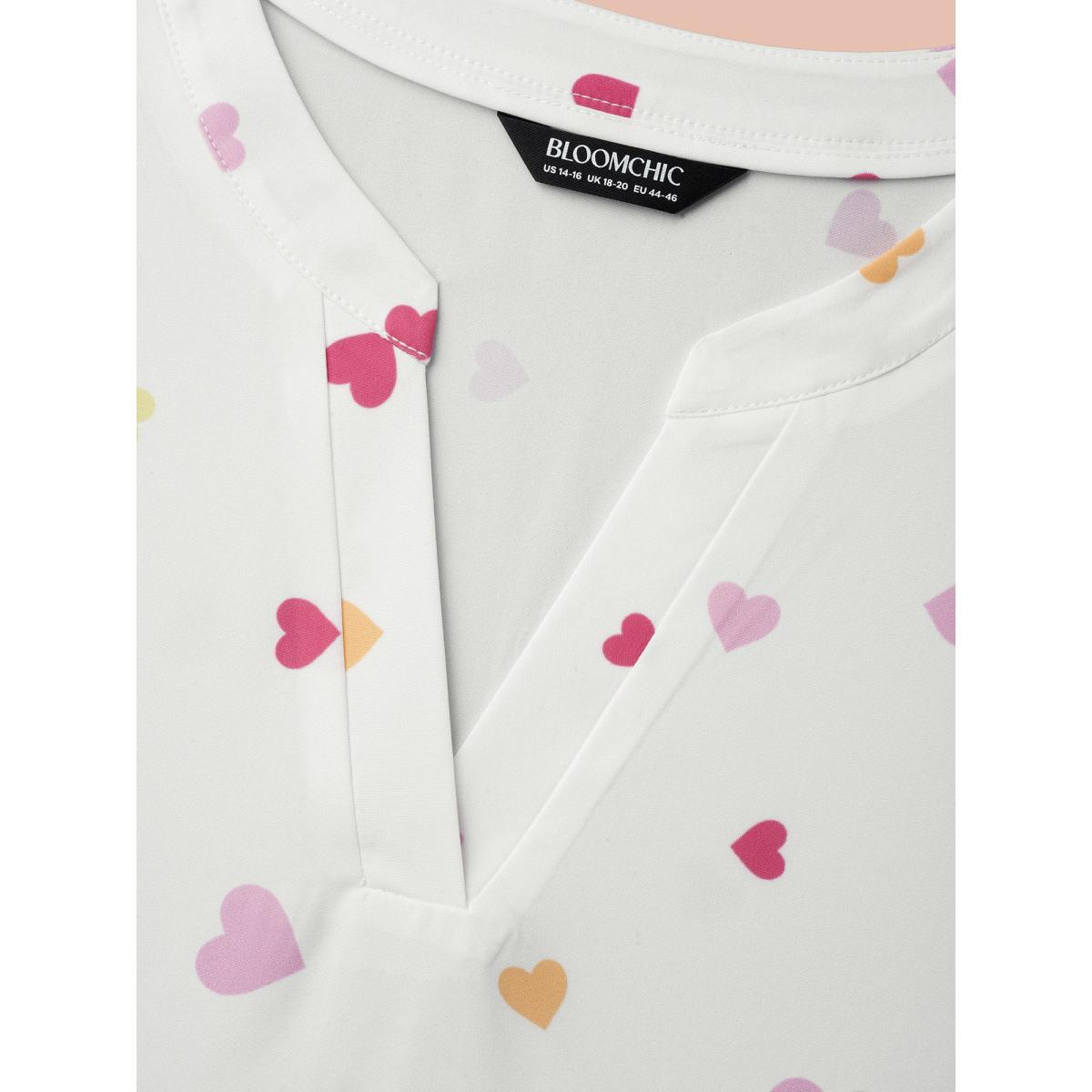Plus Size WhiteSmoke Notched Collar Multi-Color Hearts Blouse Women Elegant Extra Long Sleeve Flat collar with V-notch Everyday Blouses BloomChic 18-20/2X Product Image