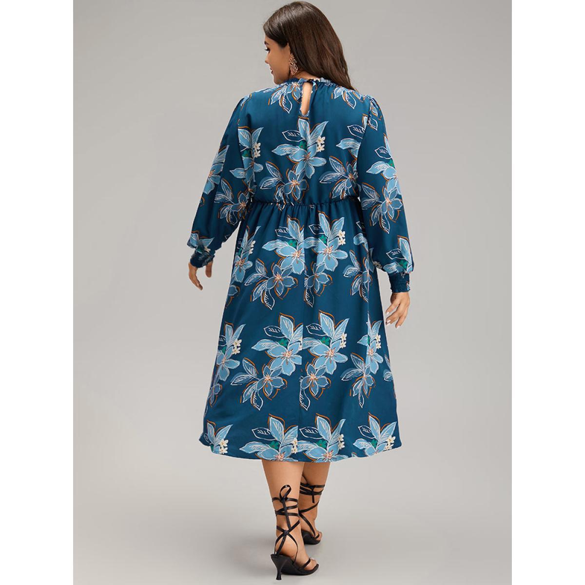 Plus Size Floral Mock Neck Frill Trim Keyhole Dress Aegean Women Elegant Elastic cuffs Mock Neck Long Sleeve Curvy Midi Dress BloomChic 14-16/1X Product Image