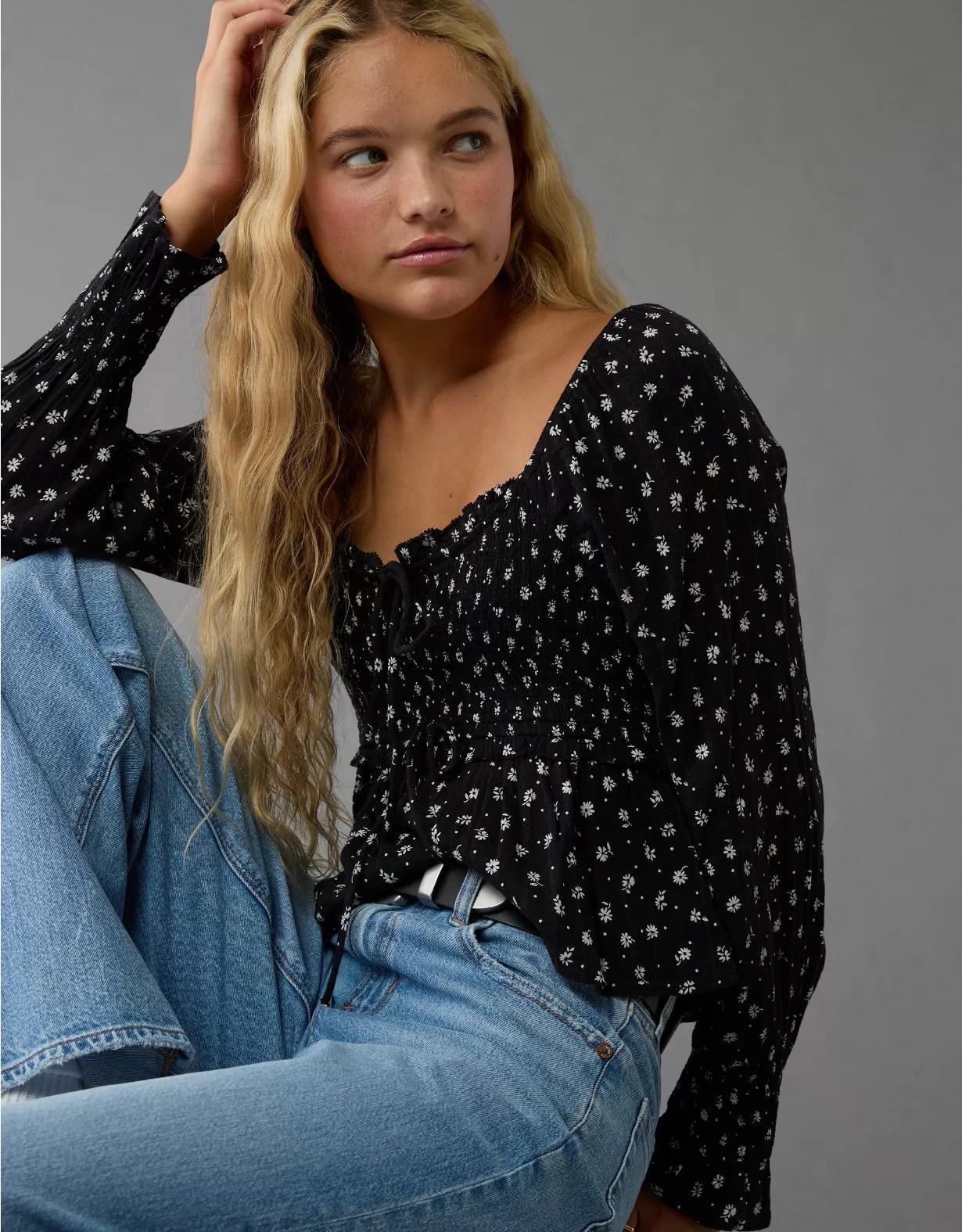 AE Long-Sleeve Smocked Tie Front Blouse Product Image