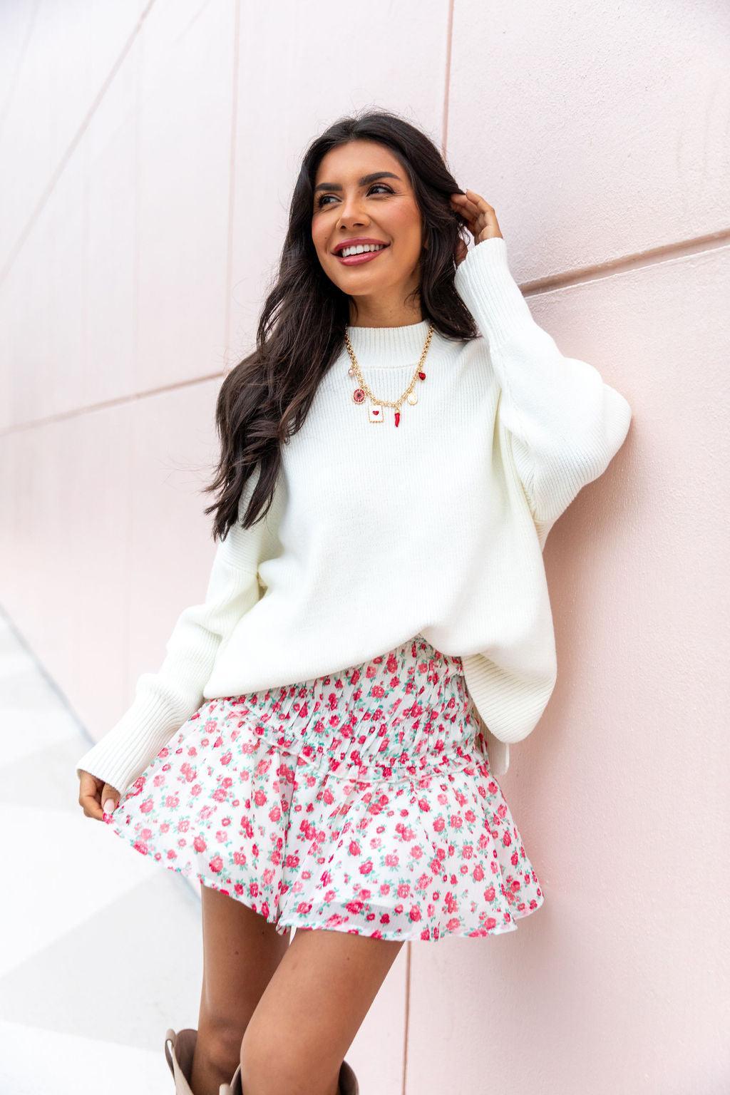 Cross My Path Ivory and Red Drop Smocked Waist Mini Skort FINAL SALE Product Image