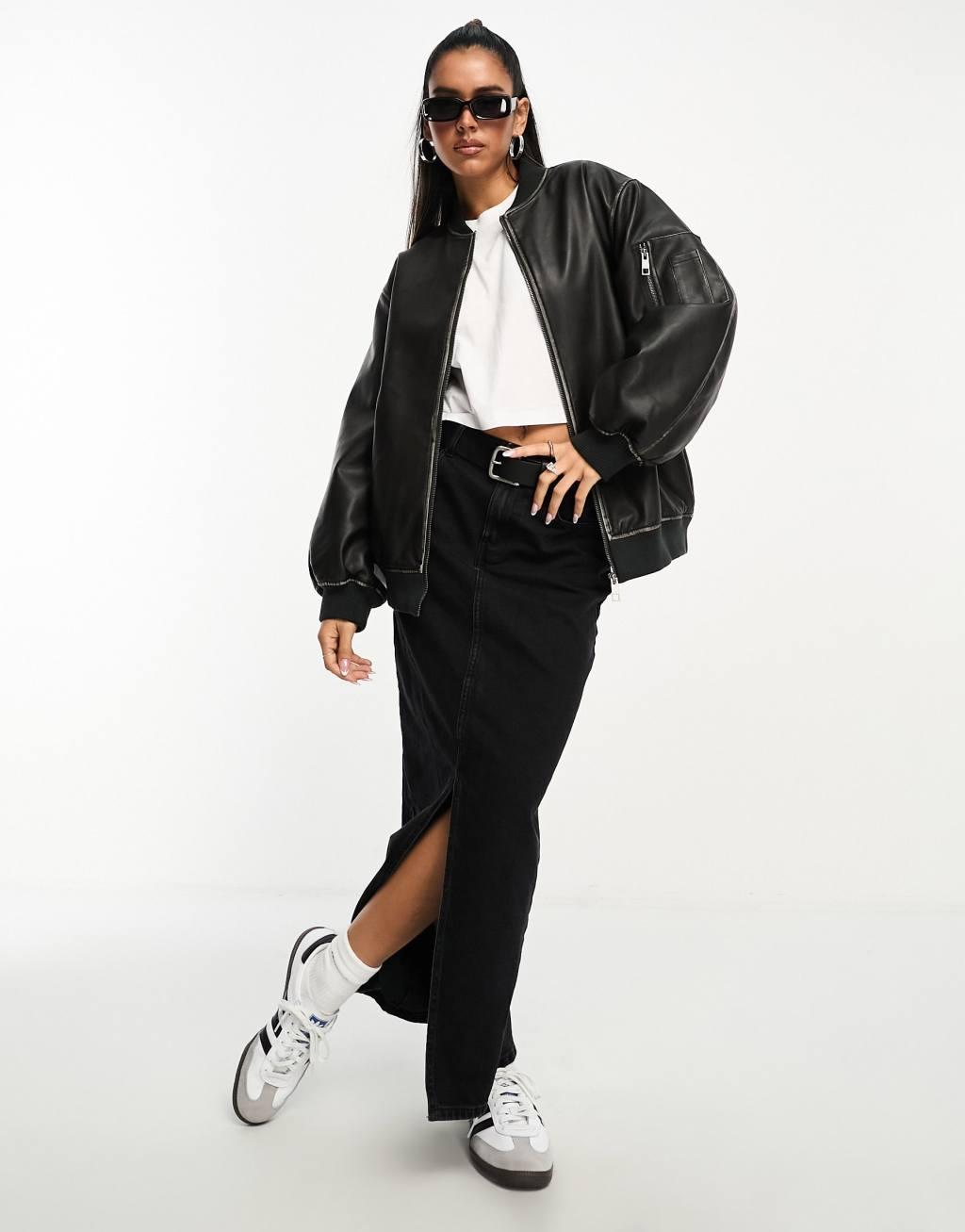 ASOS DESIGN washed faux leather bomber jacket Product Image