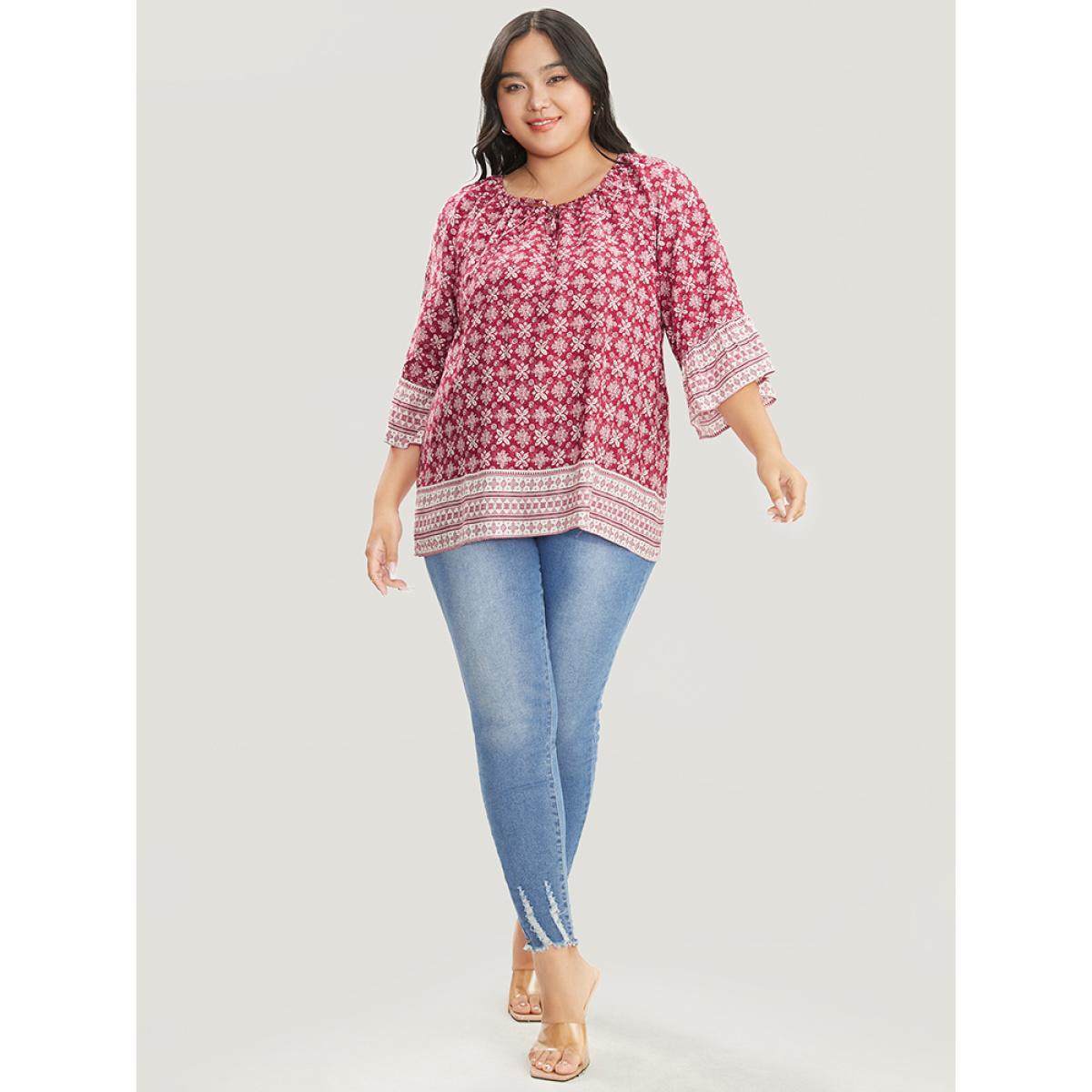 Plus Size Crimson Floral Print Bell Sleeve Knotted Round Neck Blouse Women Vacation Elbow-length sleeve Round Neck Dailywear Blouses BloomChic 26/4X Product Image