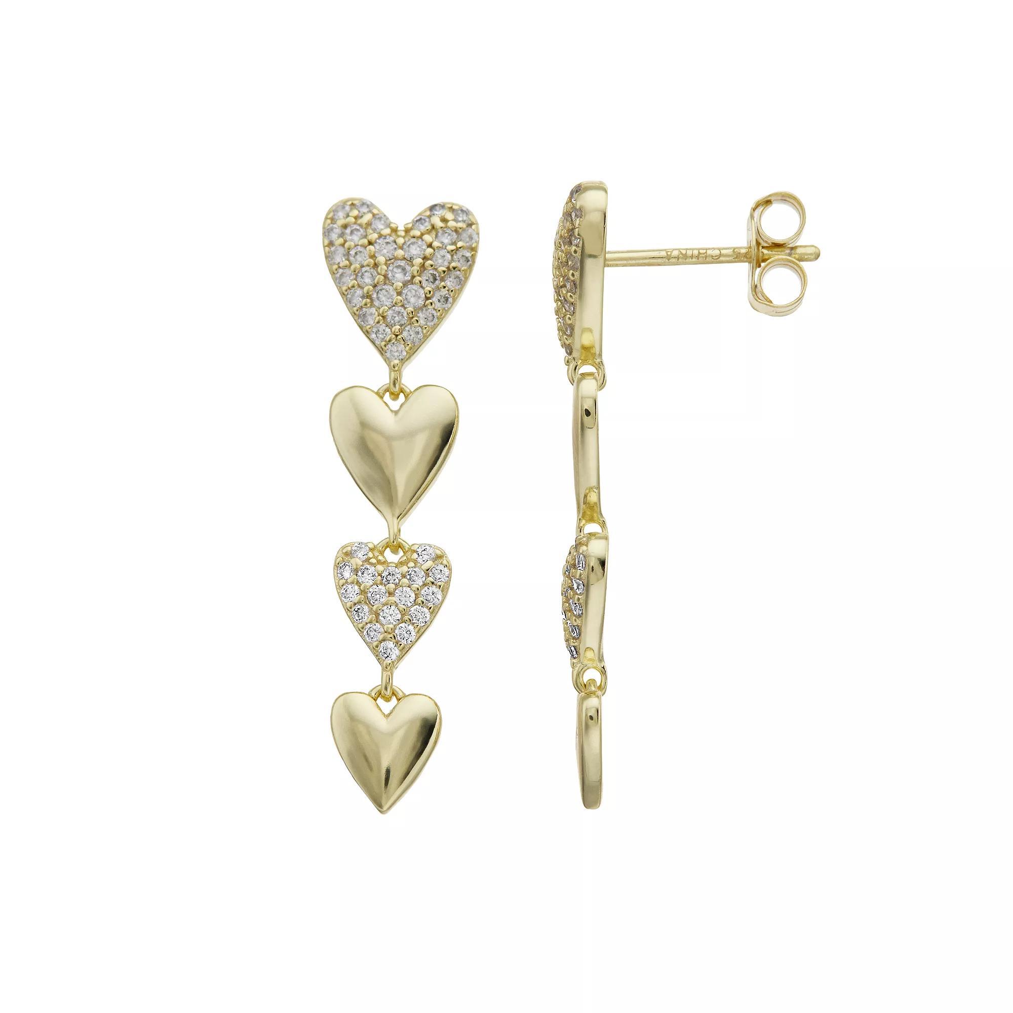 14k Gold Over Silver & Cubic Zirconia Double Stampato Heart Dangle Earrings, Women's, Gold Tone Product Image