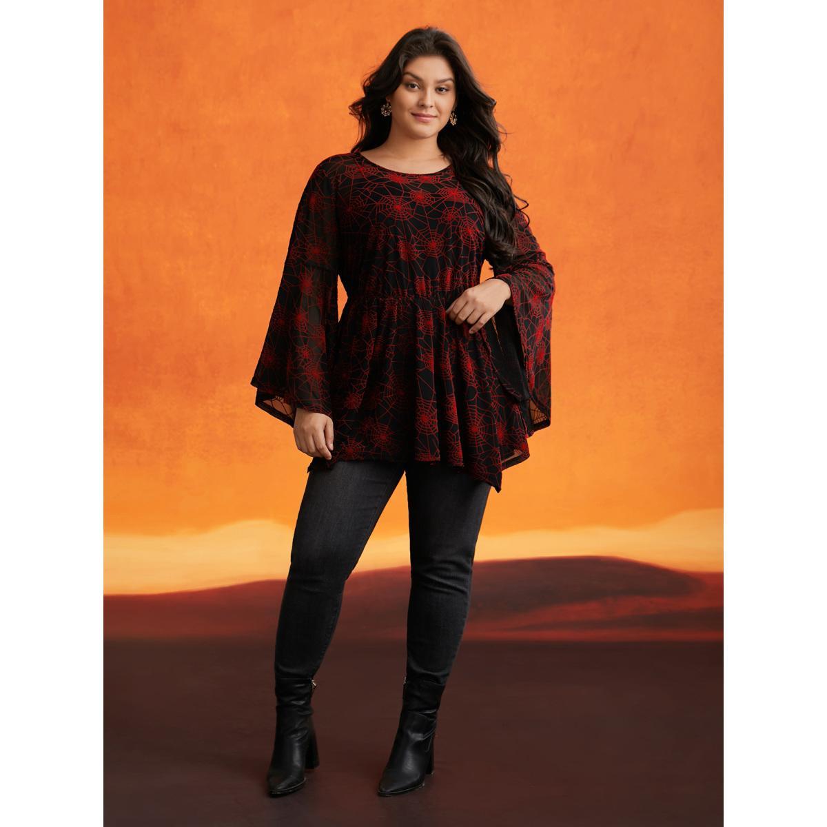 Plus Size Scarlet Elastic Mesh Webbed Wonder Blouse Women Elegant Extra Long Sleeve Round Neck Everyday Blouses BloomChic 14-16/1X Product Image