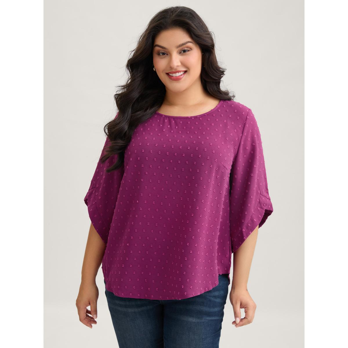 Plus Size RedViolet Textured Round Neck Bell Sleeve Blouse Women Elegant Elbow-length sleeve Round Neck Everyday Blouses BloomChic 26/4X Product Image