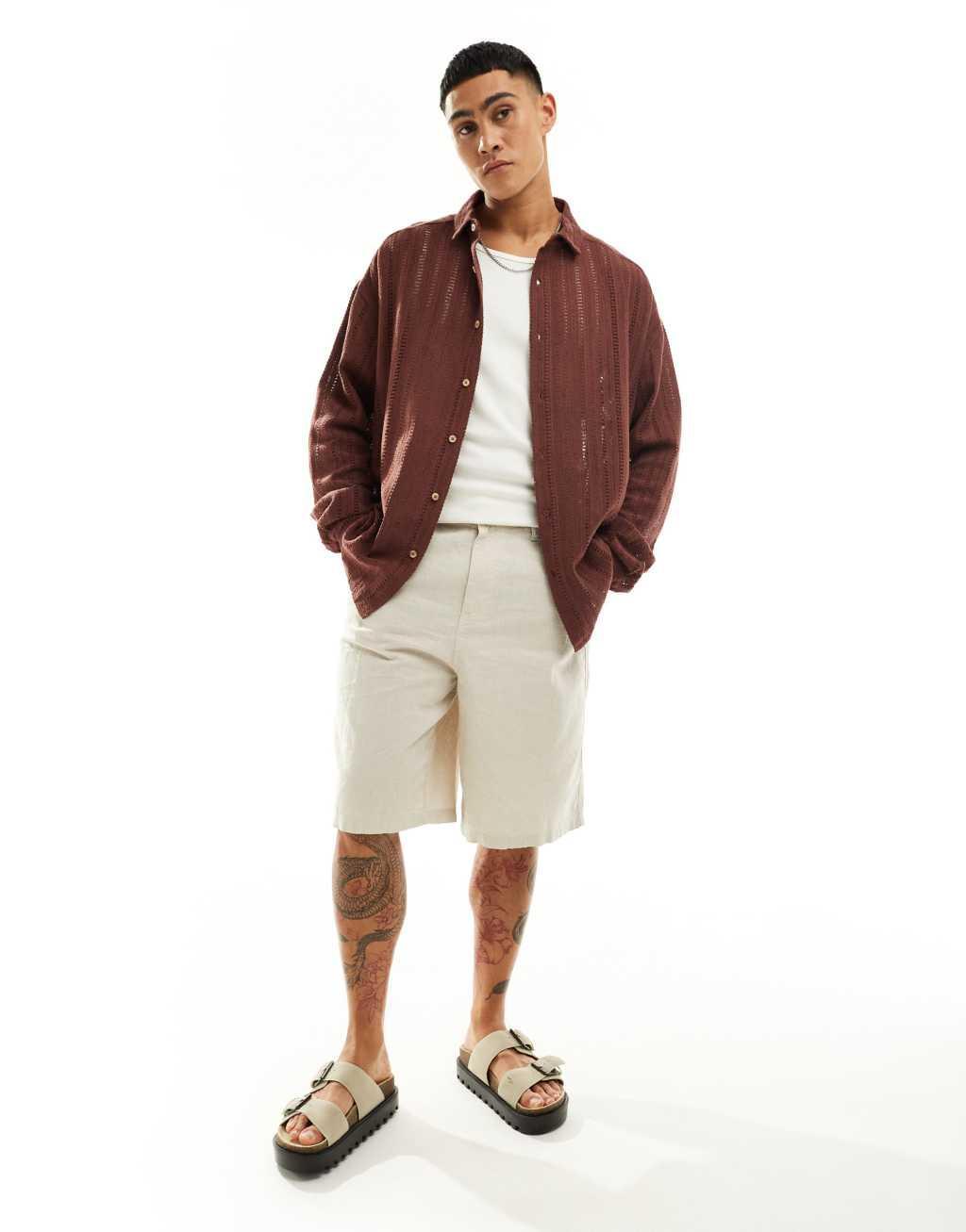 ASOS DESIGN 90s oversized revere shirt in crochet lace in brown Product Image