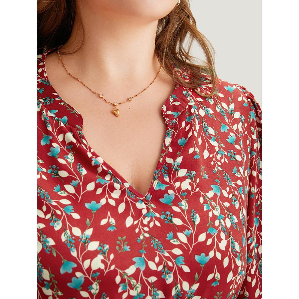 Plus Size Ditsy Floral Pocket Shirred Notched Dress Crimson Women Elegant Elastic cuffs Notched collar Long Sleeve Curvy Midi Dress BloomChic 22-24/3X Product Image