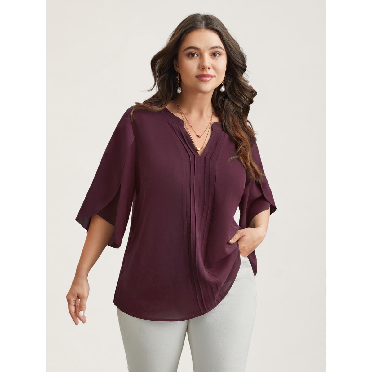 Plus Size Browncoffeecolor Petal Sleeve Toothpick Pleats Shirt Women At the Office Elbow-length sleeve Notched collar Work Blouses BloomChic 28/5X Product Image