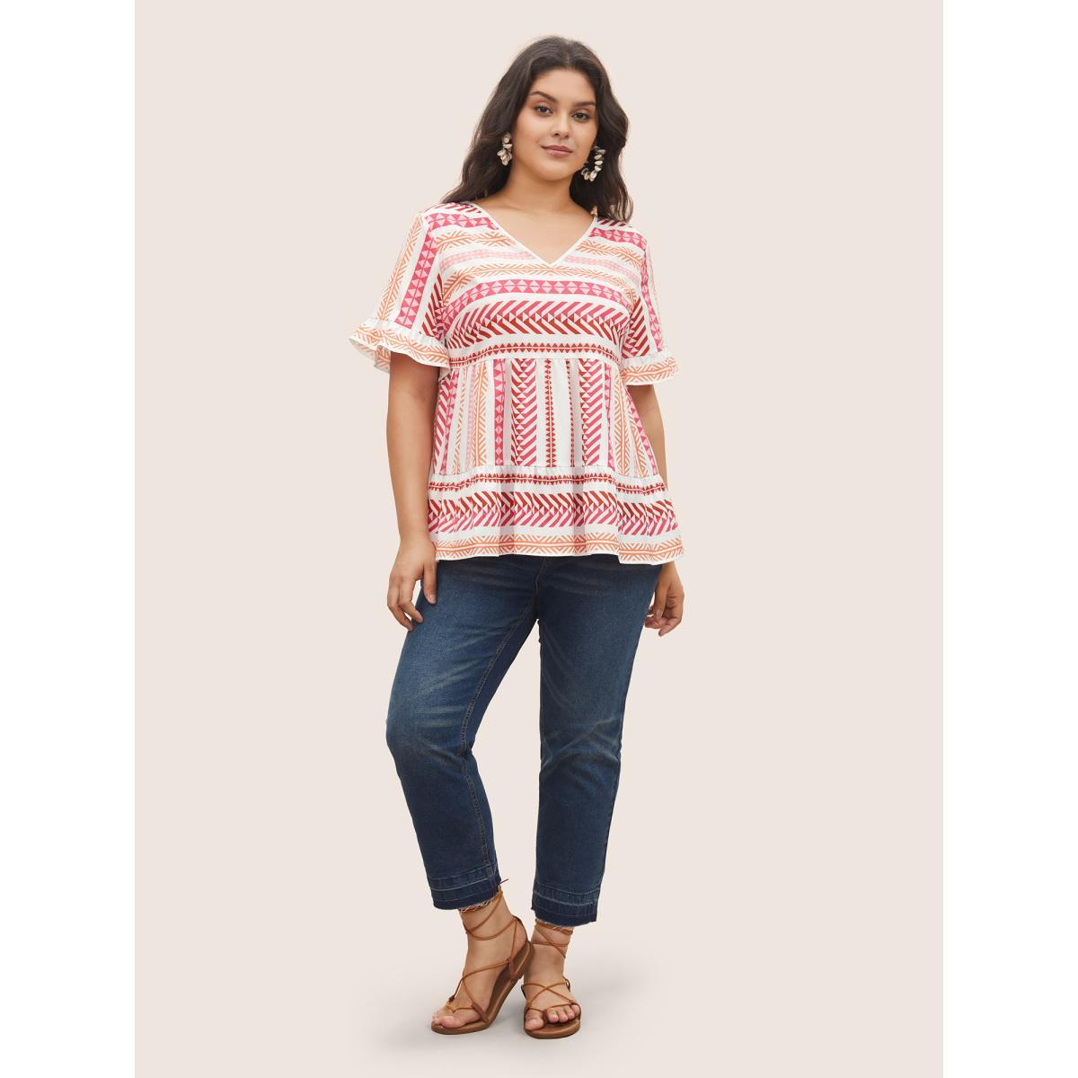 Plus Size White V Neck Geometric Patchwork Ruffles Blouse Women Resort Half Sleeve V-neck Vacation Blouses BloomChic 12/L Product Image