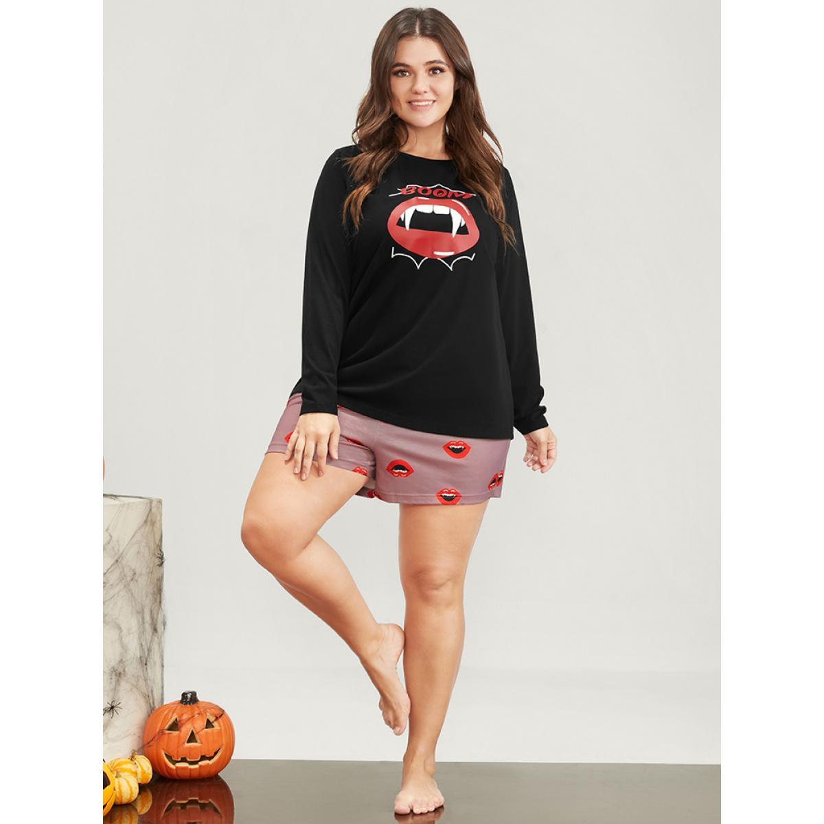 Plus Size Halloween Lip Print Pajama Set Women Black Graphic-Halloween Printed Long Sleeve Round Neck Casual Loungewear Sets BloomChic 22-24/3X Product Image