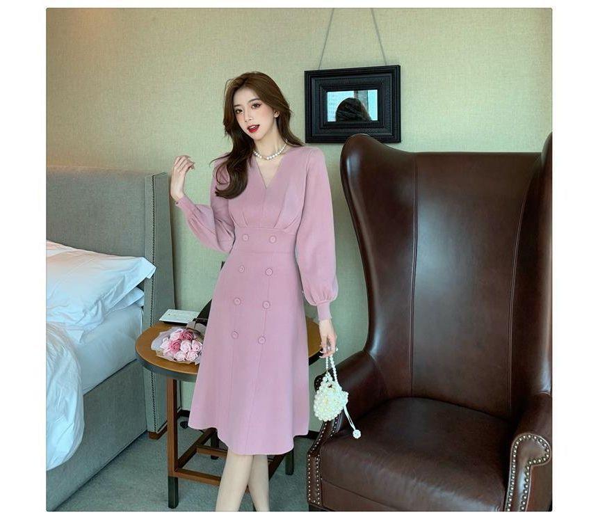 Long-Sleeve V-Neck Plain Double Breasted Midi A-Line Dress Product Image