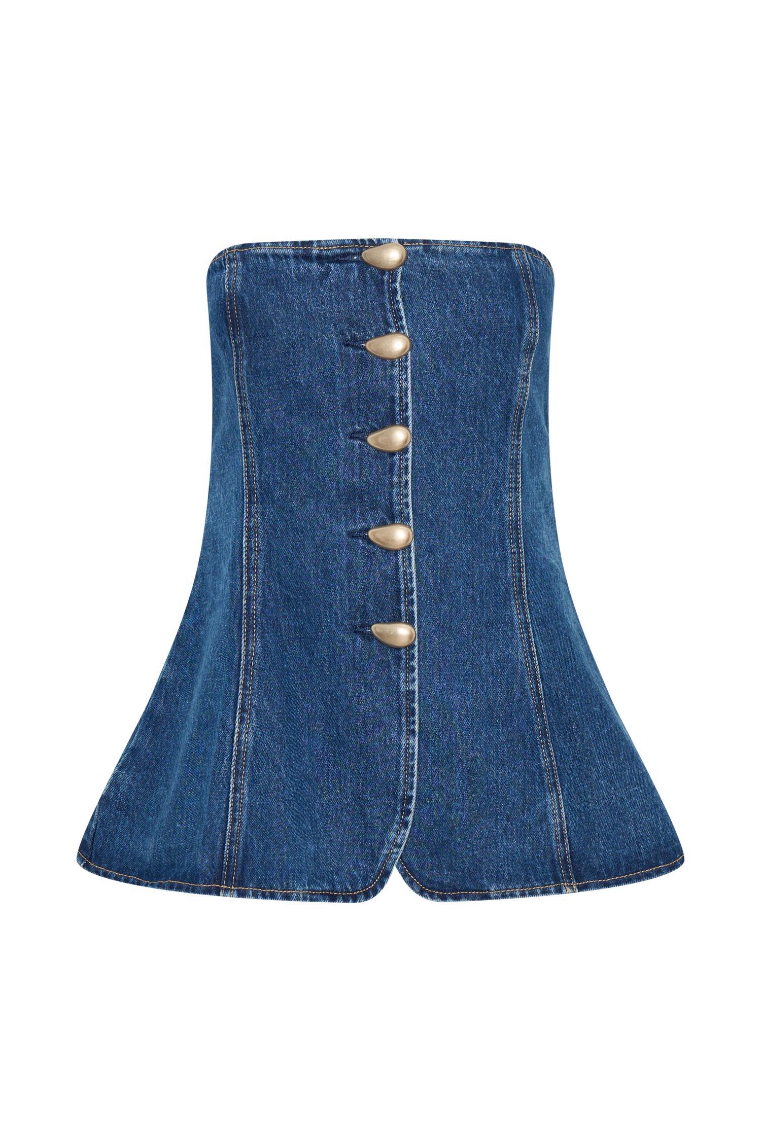 Lennox Strapless Long Line Button Top - Dark Blue Product Image
