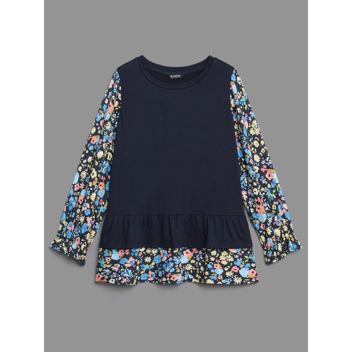 Plus Size Floral Spliced Tiered Hem T-Shirt Indigo Women Elegant Contrast Natural Flowers Round Neck Everyday T-shirts BloomChic 18-20/2X Product Image