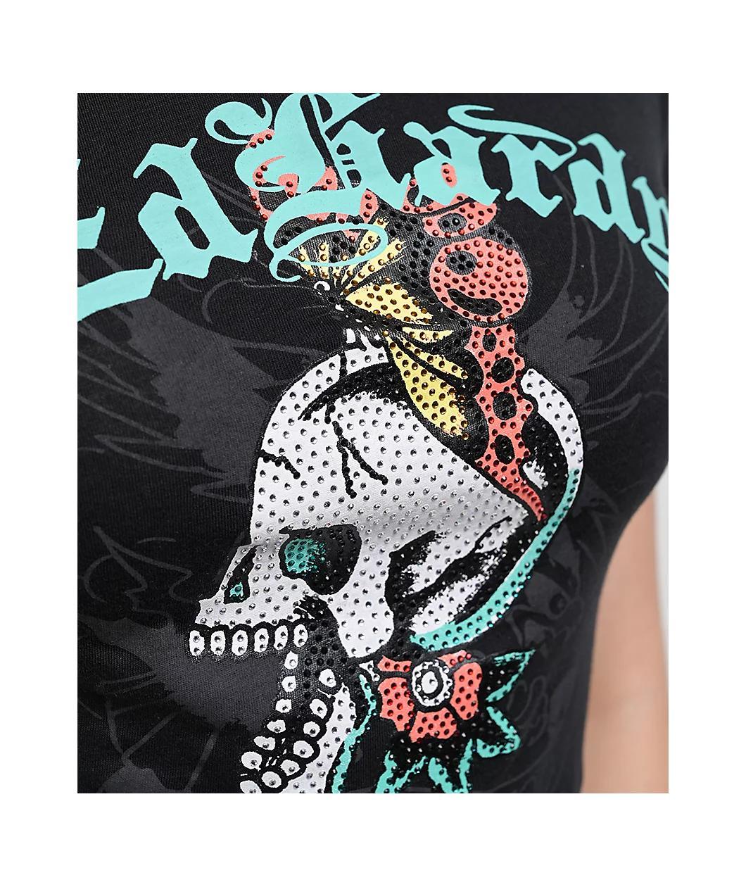Ed Hardy Skull Butterfly Rhinestone Black Crop T-Shirt Product Image