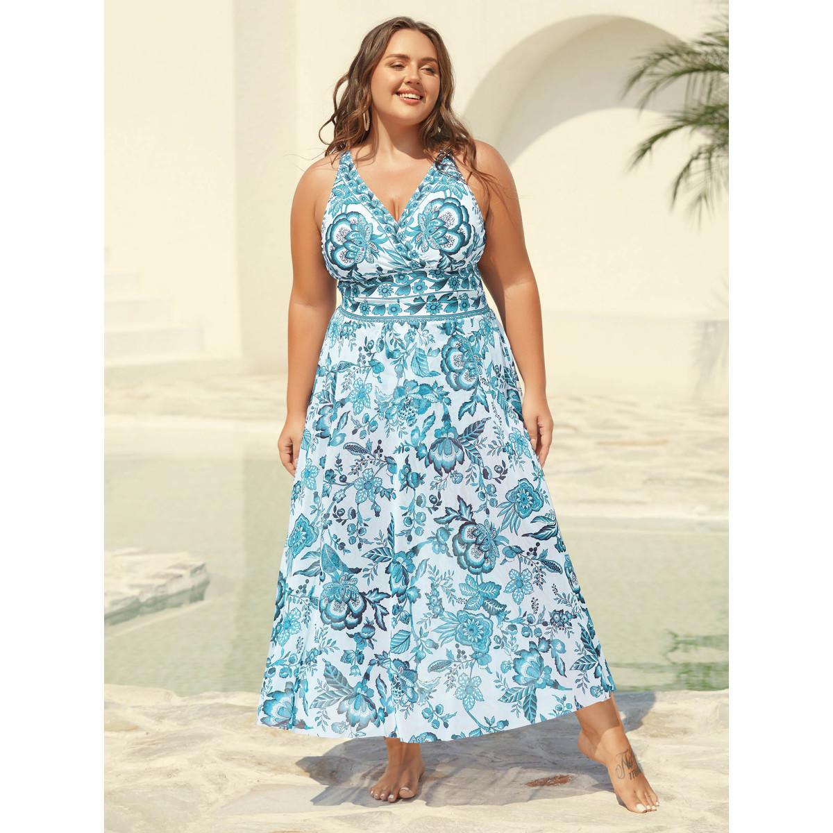 Plus Size Two-Piece Floral Print Ruched Mesh Swimsuit, Sarong Women's Swimwear Teal Beach Gathered Curve Bathing Suits High stretch One Pieces BloomChic 30/6X Product Image
