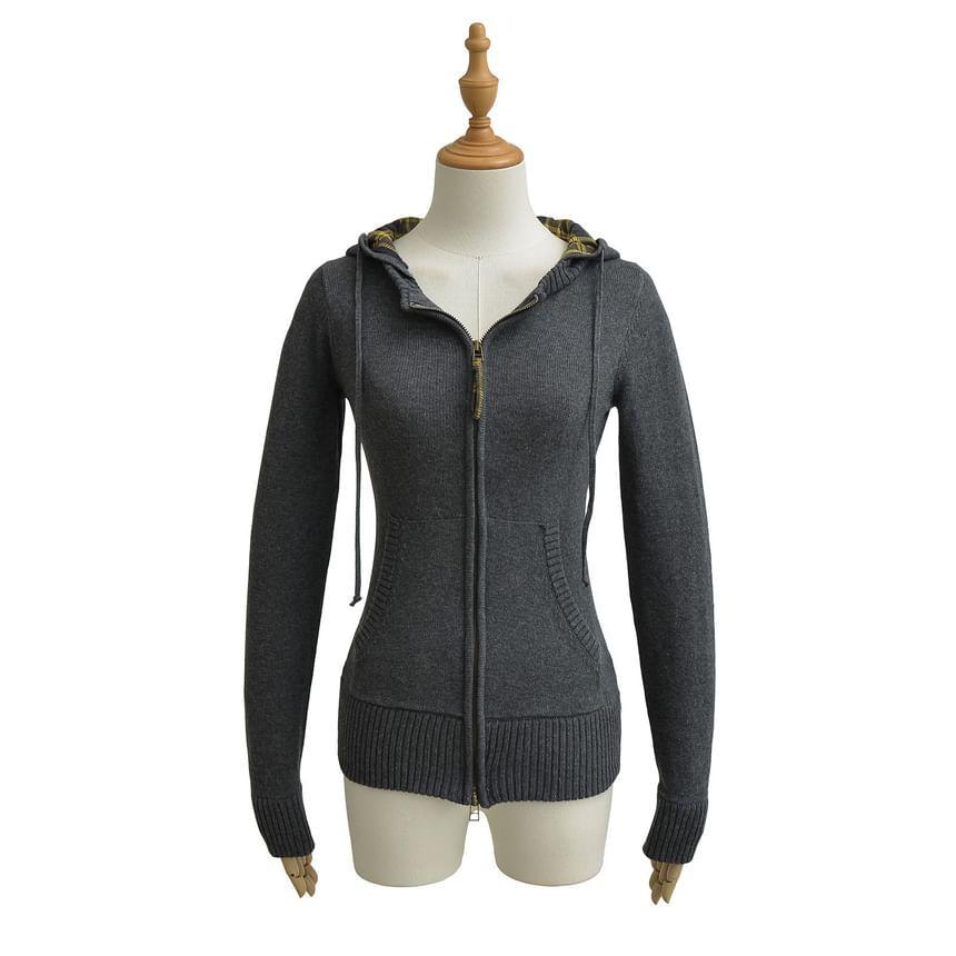 Plain Plaid Panel Hooded Zip Cardigan Product Image