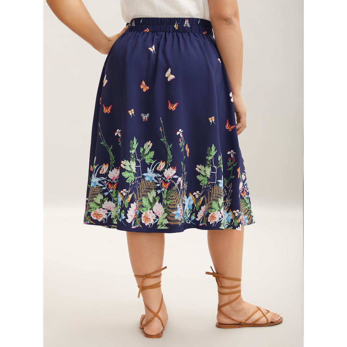 Plus Size Garden Print Pleated Midi Skirt Women DarkBlue Elegant Bodycon Low stretch Slanted pocket Everyday Skirts BloomChic 10/M Product Image
