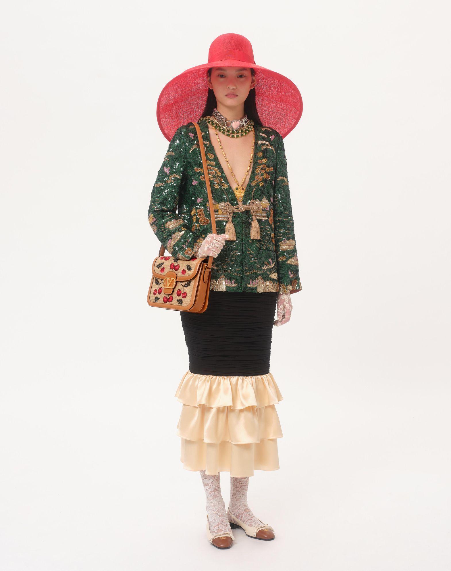 Valentino Garavani 9To5 Shoulder Bag In Jacquard Raffia With Cherryfic Motif Product Image
