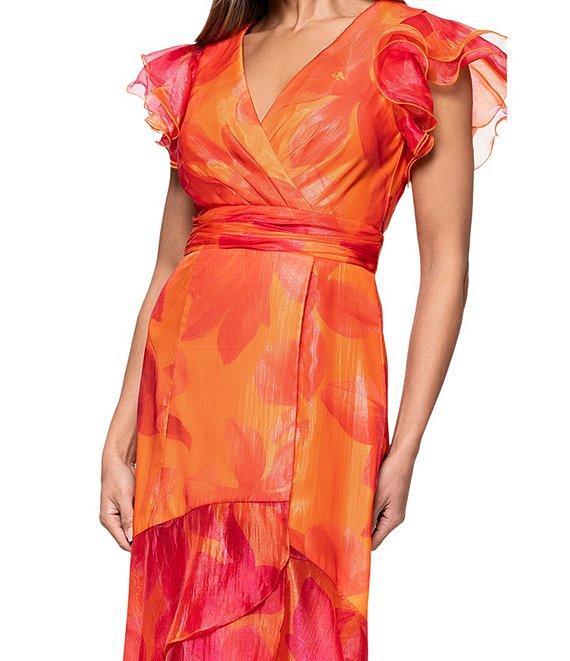 Xscape Organza Floral Print V-Neck Short Sleeve Ruffle A-Line Midi Dress Product Image