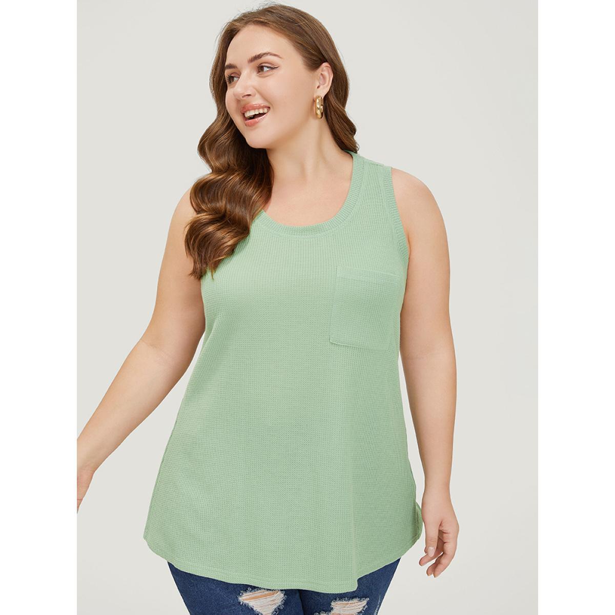 Plus Size Solid Patched Pocket Waffle Knit Tank Top Women Sage Casual Round Neck Dailywear Tank Tops Camis BloomChic 10/M Product Image