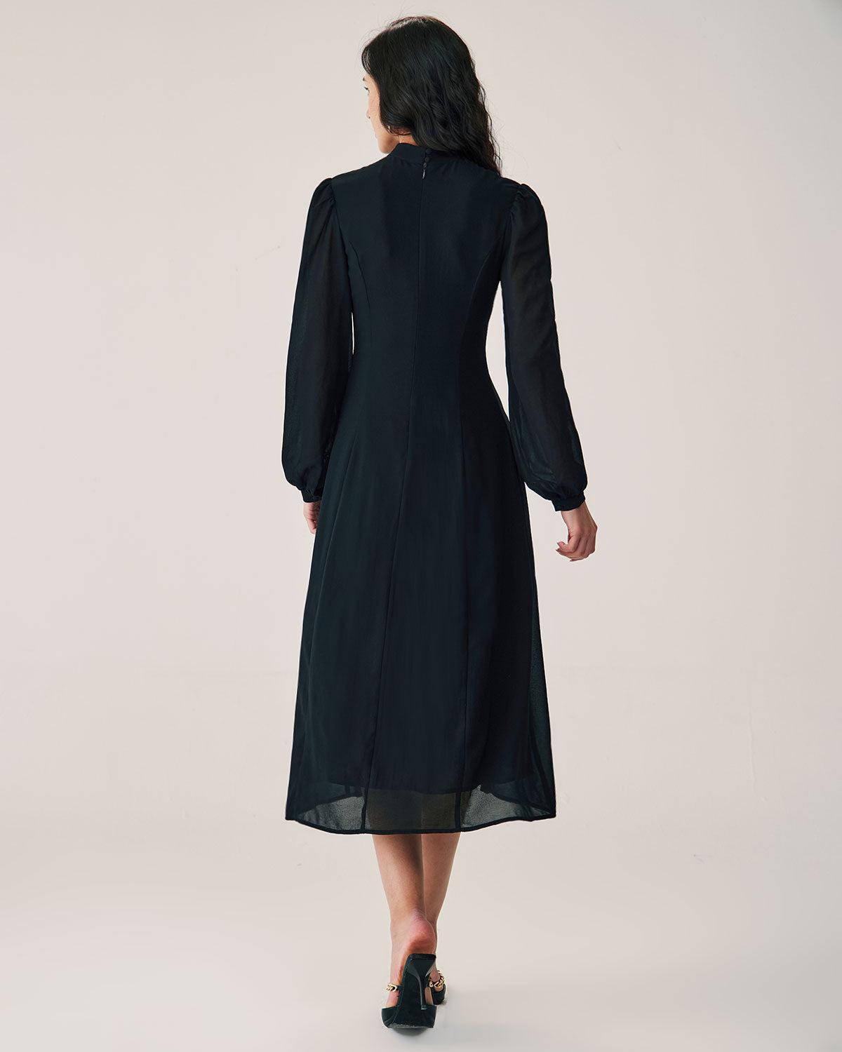 Black Sheer Turtleneck Flowy Midi Dress Product Image