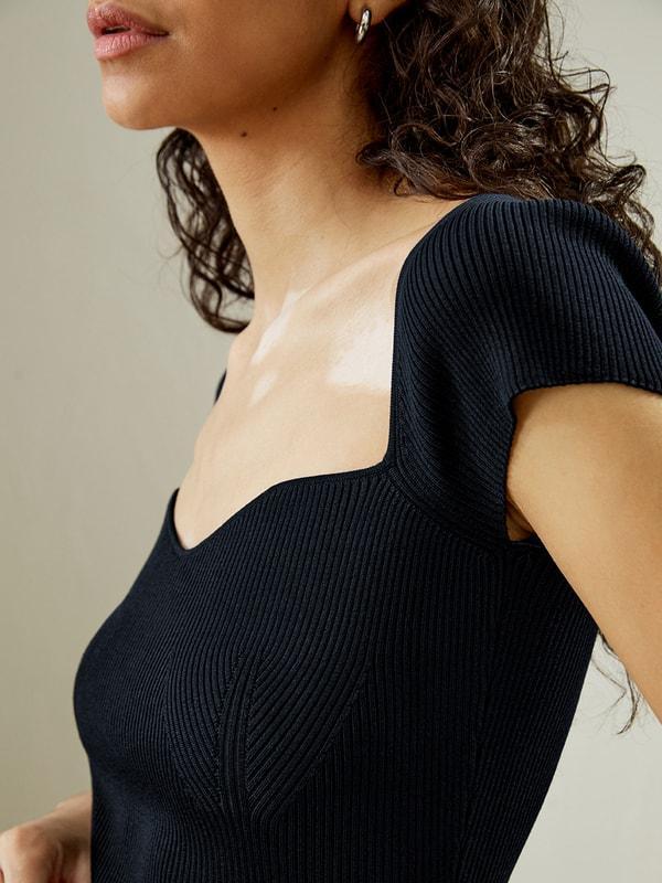 Sweetheart Neck Ribbed Silk Knit Top Product Image