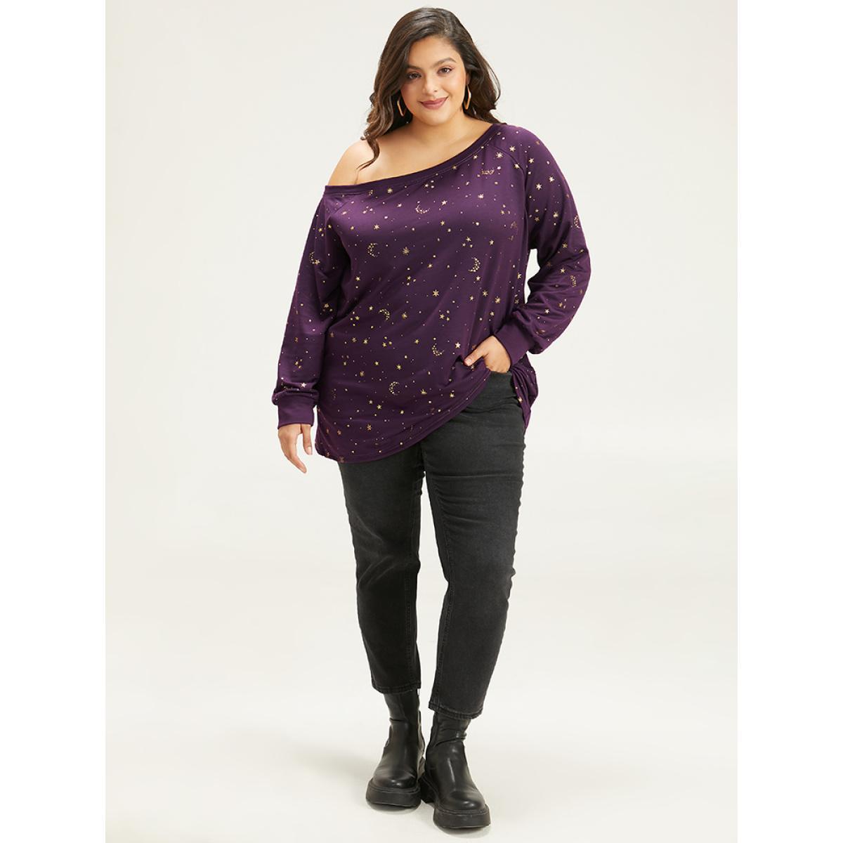 Plus Size Moon & Star Glitter One Shoulder Sweatshirt Women Eggplant Casual Elastic cuffs One Shoulder Dailywear Sweatshirts BloomChic 26/4X Product Image