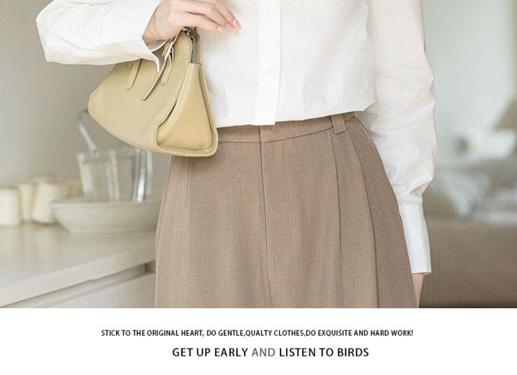 Long Sleeve Lapel Collar Plain Button Shirt Product Image