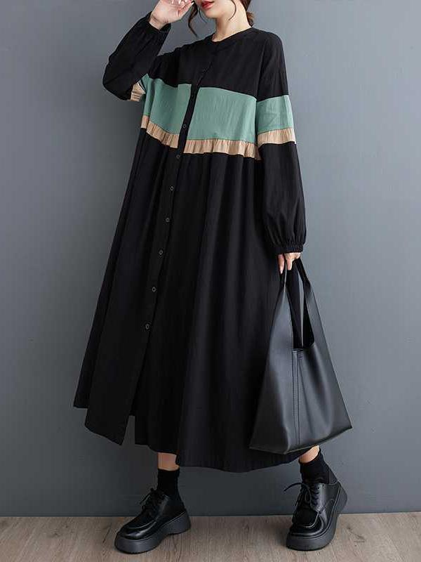 Long Sleeves Loose Buttoned Contrast Color Elasticity Split-Joint Round-neck Midi Dresses Product Image