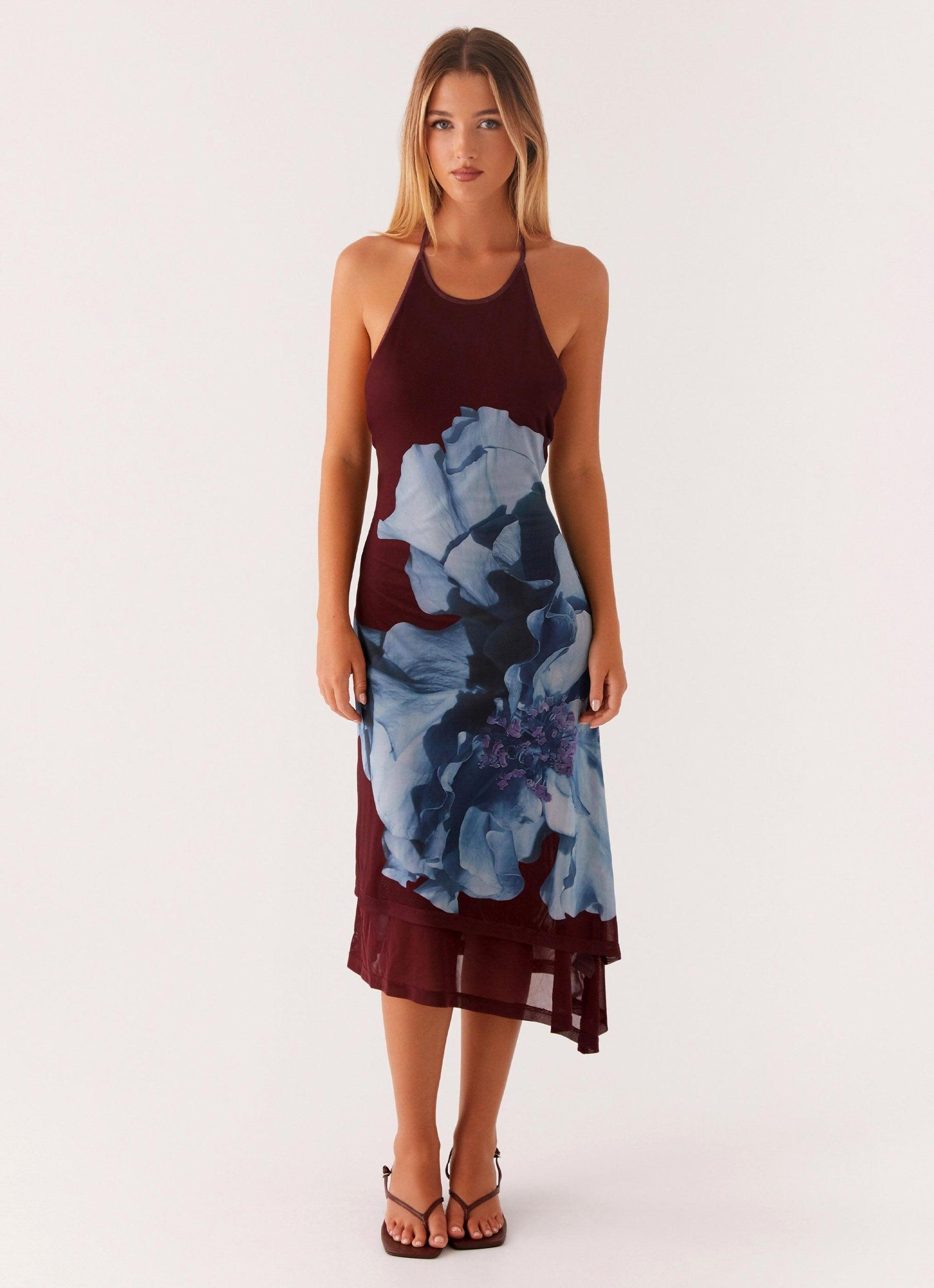 Brinley Halterneck Midi Dress - Maroon Print Product Image