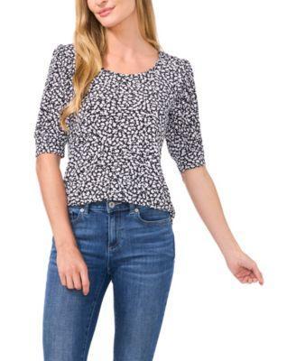 CeCe Womens Tiny Floral Printed Puff Sleeve Knit Top Product Image