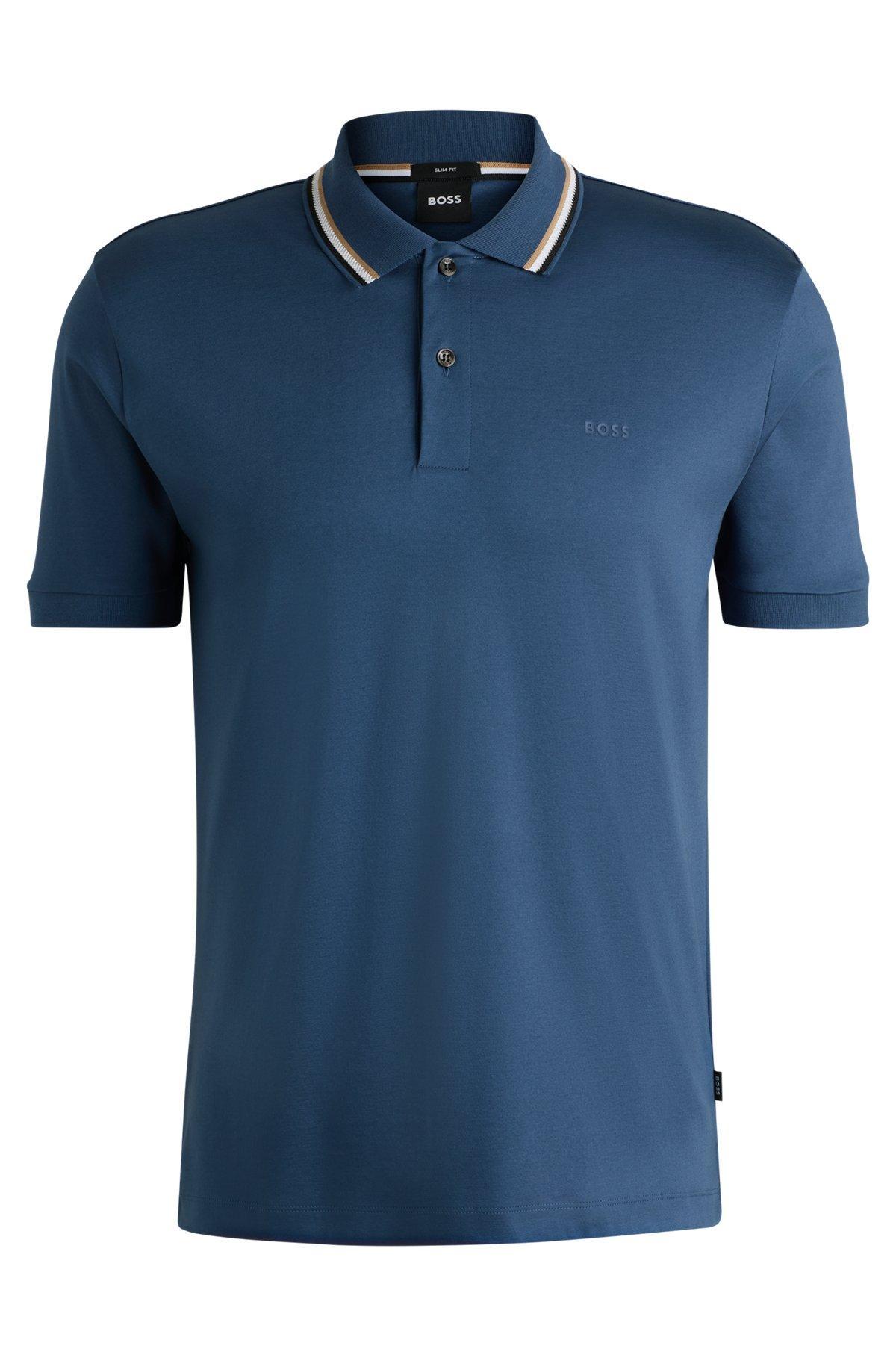 Slim-fit polo shirt in cotton with striped collar Product Image