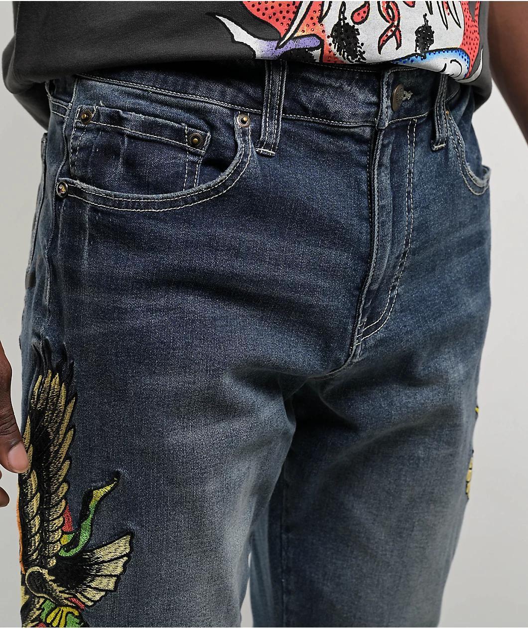 Ed Hardy Eagle Snake Slim Straight Y2K Med Blue Denim Jeans Product Image