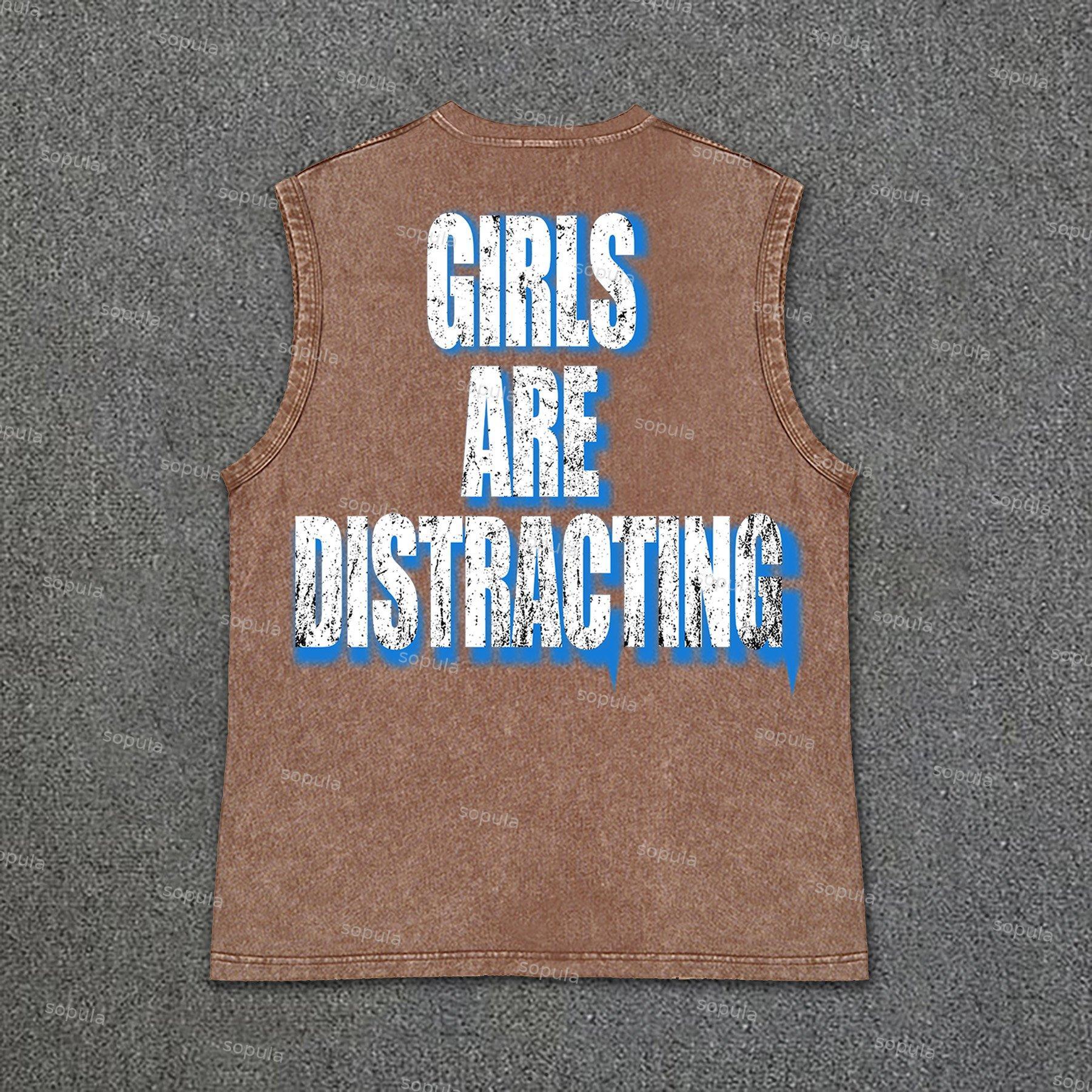 Men's Girls Will Distract Attention Print Vintage Wash Sleeveless Tank Top Product Image