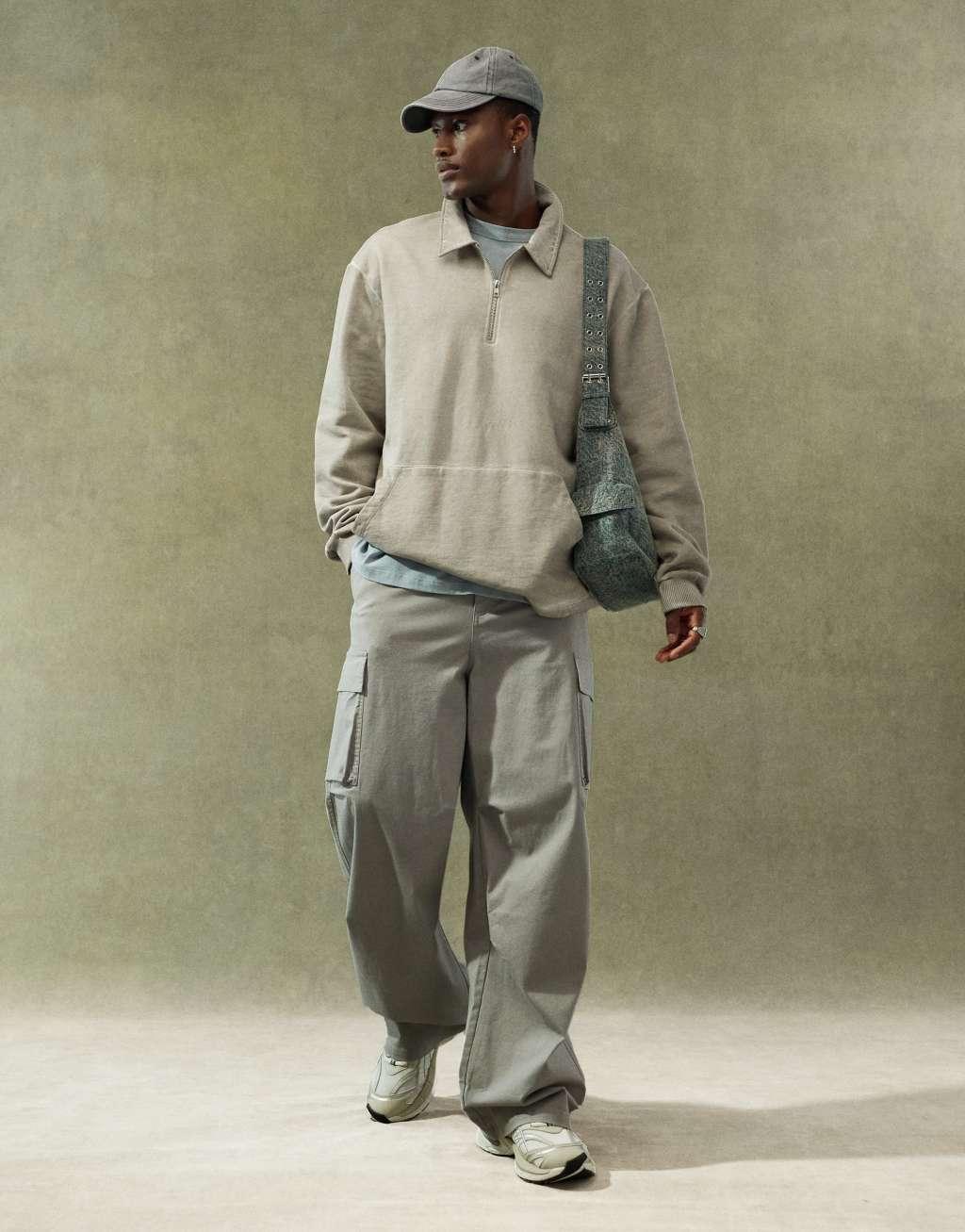 ASOS DESIGN oversized rugby sweatshirt with zip in washed gray  Product Image
