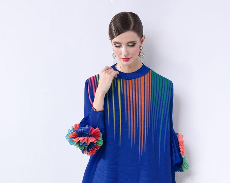 Long-Sleeve Round Neck Print Floral Accent Maxi Tunic Dress Product Image