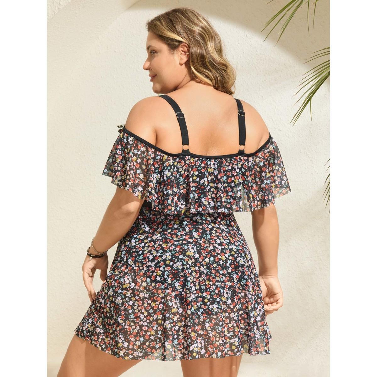 Plus Size Floral Print Mesh Cold-Shoulder Swim Dress Women's Swimwear Black Beach Bodycon One-shoulder neck High stretch Curve Swim Dresses BloomChic 18-20/2X Product Image